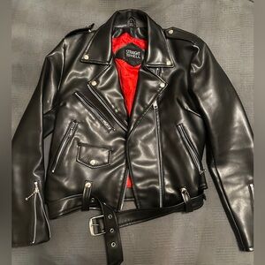 Straight To Hell Black Faux Leather Biker Jacket with Red Lining